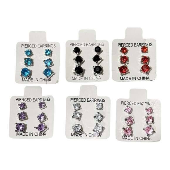 Unbranded Jewelry - Set of 6 3-Pair Multi-Color Round Cubic Zirconia Pierced Stud Earrings